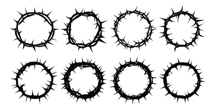 Silhouette icon set of 8 crown of thorns featuring circular thorn wreaths and sharp spikes for religious and Easter design