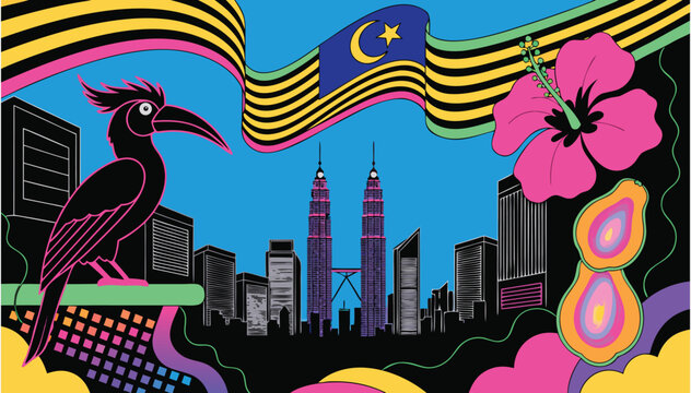 Adobe Illustrator Artwork pop-art illustration features the iconic Petronas Twin Towers of Kuala Lumpur, Malaysia, rendered in a vibrant, neon-colored style.