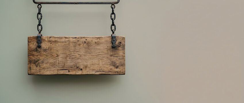 Rustic blank wooden sign hanging from iron chains on a neutral wall
