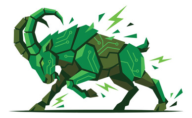 Fototapeta premium Geometric cartoon illustration of a cyberpunk ram depicting a charging robotic goat with circuit board patterns for technology and gaming design