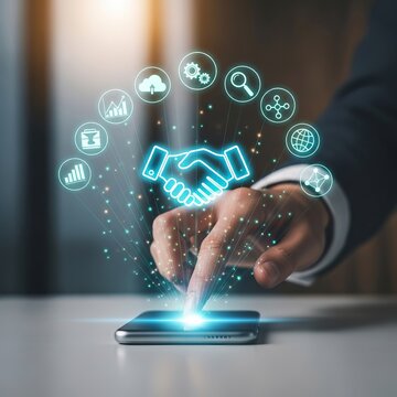 Digital Business Partnership - Handshake Icon on Smartphone with Tech Symbols.