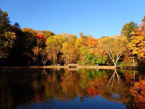 Silver Park, Alliance, Ohio looking across Lake Kidwell at the foot bridge on a beautiful fall afternoon in October with a clear blue sky