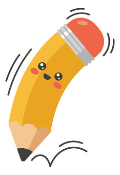 Cartoon illustration of a cute animated pencil character depicting a happy smiling face with motion lines for education and school design