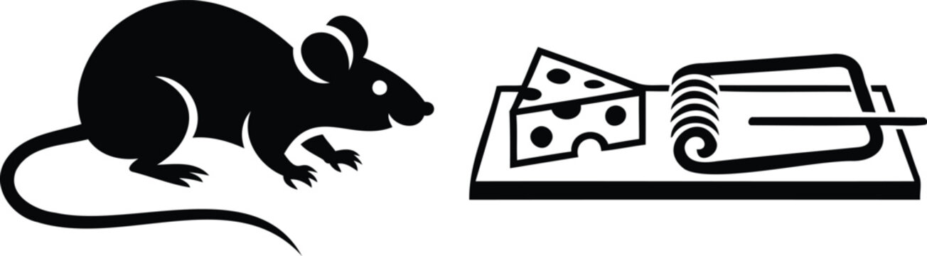Black silhouette of a mouse near a cheesebaited mousetrap on a transparent background