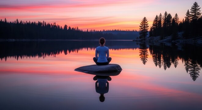 Serene person meditating on paddleboard at sunset on calm lake with forest backdrop