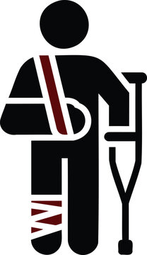 Person with broken arm and leg and sling and crutch  injury symbol