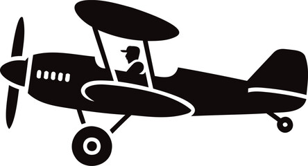 Stylized black silhouette biplane aircraft with a pilot inside flying against a white background © Lavly