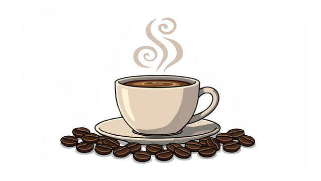 Warm coffee in a beige cup with saucer surrounded by coffee beans on a white background for beverage or breakfast themes