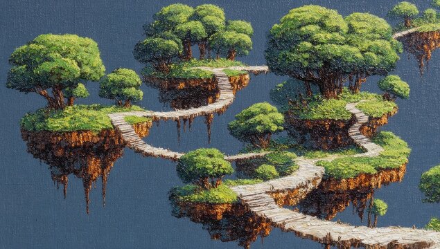 Floating islands connected by winding paths