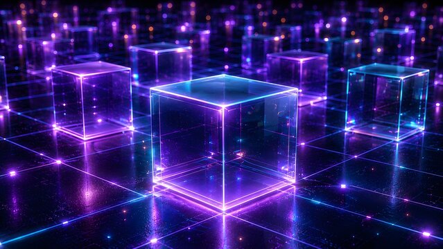 Glowing Purple Blockchain Cubes Array on Illuminated Grid Floor Isometric View
