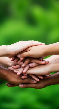 Diverse hands stacked together in unity and teamwork against a green background.