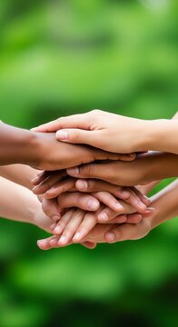 Diverse hands stacked together in unity and teamwork.