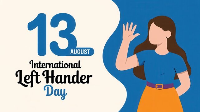 International Left Hander Day illustration with a woman waving her left hand and '13 August' text