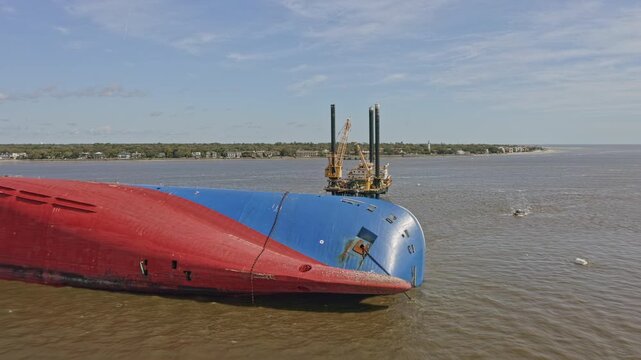 St Simons Georgia Aerial v10 flyover by overturned cargo skip, construction cranes, St Simons Sound and coast - March 2020
