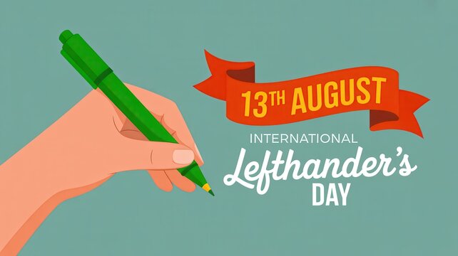 International Lefthander's Day banner for August 13th with hand holding pen