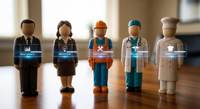 Diverse Professions Represented by Figurines on Wooden Surface.