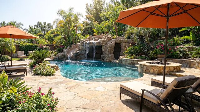 Rock-bordered freeform swimming pool with grotto feature, flowing waterfall and integrated slide, set beside flagstone patio, wicker chaise seating, orange umbrellas and lush tropical planting