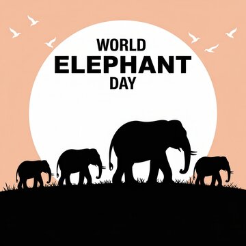 World Elephant Day poster with silhouettes of elephant herd walking at sunset