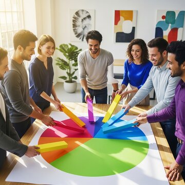 Diverse Team Collaborating on a Colorful Pie Chart Strategy.