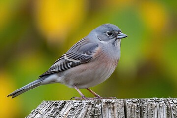 Fototapeta premium Small grey and brown bird perched on rough wood. Tiny avian creature with delicate feathers sits outdoors. Focus on a wild junco in natural habitat during daylight.