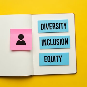 Diversity, Inclusion, Equity concept on notebook with yellow background.