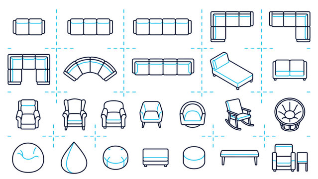 Top View Linear Sofa, Armchair & Seating Furniture Icons Set &ndash; Floor Plan Layout Design Kit