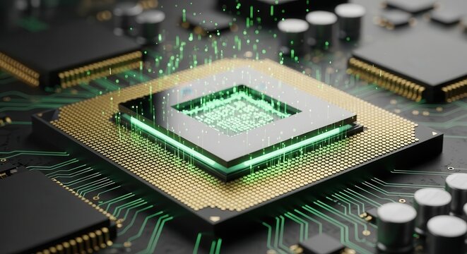 Close-up of a computer microchip on circuit board with glowing green light, high-tech electronic component