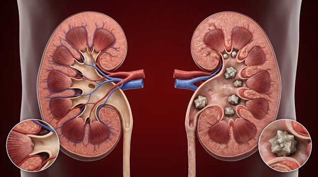 Cross-section illustration comparing a healthy human kidney with a diseased kidney containing kidney stones