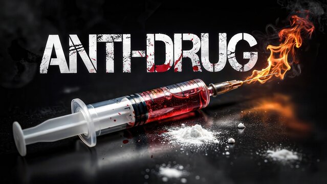 Anti-drug concept with burning syringe and white powder on a dark background