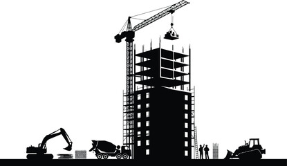 Construction site building skyscraper silhouette vector illustration with tower crane excavator cement mixer bulldozer engineers and structure scaffolding development (Exactly 20 words) © MdAjijul