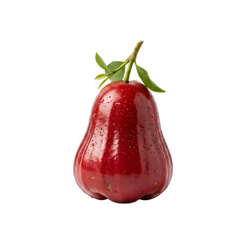 Fresh red rose apple with green leaves.
