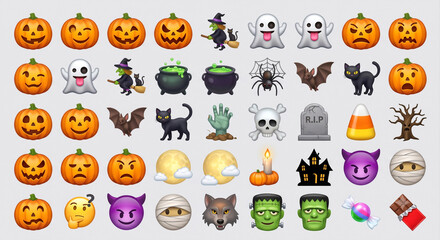 Fototapeta premium Halloween Emoji Collection (Spooky Icon Set)