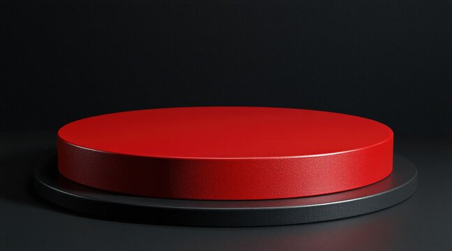 Round red platform on black background, empty stage for product display or presentation. Modern studio setup for event or show, minimal geometric design.