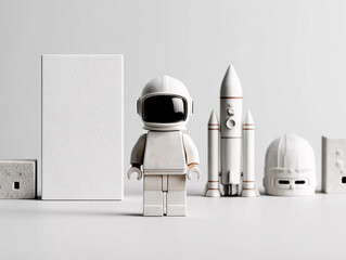 Obraz premium Monochrome Lego-style astronaut and rocket next to architectural dome, space exploration, futuristic design, graphic concept.