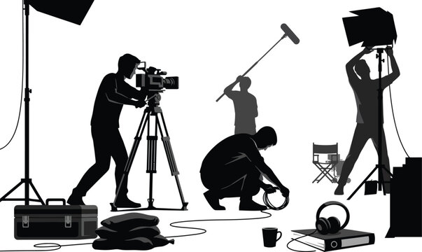 Film crew working on movie set silhouette vector illustration with camera operator lighting technician gaffer sound guy and media production equipment (Exactly 20 words)