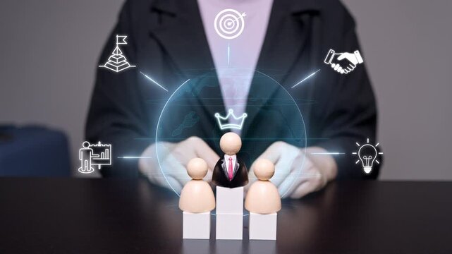 Business leader wooden doll on a podium with digital corporate goal and success icons overlay, representing leadership, team management, and human resources strategy.