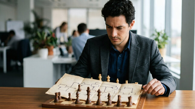 Focused businessman strategizing with chessboard flowchart in modern office.