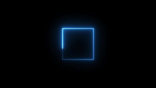 Neon blue square frame animation light glowing border effect isolated on black background.