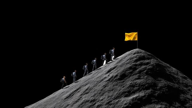 Climbing to Victory: A determined team ascends a rugged mountain peak, their sights set on the golden flag that symbolizes ultimate success and achievement, against a stark, dark sky.