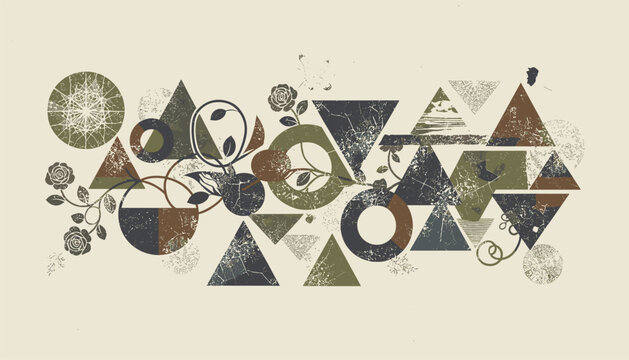 Artistic collage vector composition displaying distressed roses leaves geometric circles and triangles.