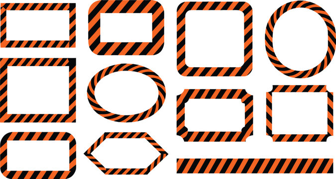 Industrial caution warning tape frame elements collection featuring orange black stripe safety border labels for dangerous sign background graphics vector.