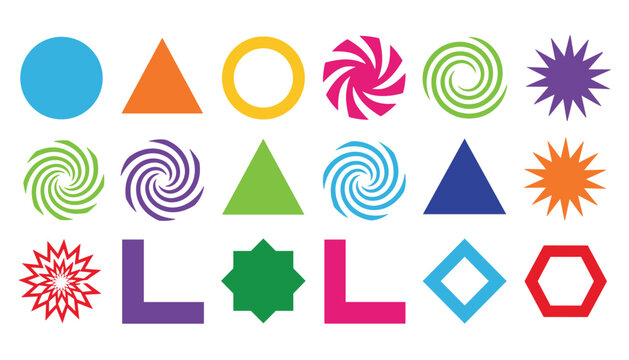 Grid of simple geometric vector shapes including circles triangles swirls spirals stars and colorful blocks.