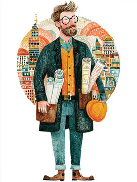 Illustrated construction worker holding blueprints and tools, building industry, construction profession, skilled labor.