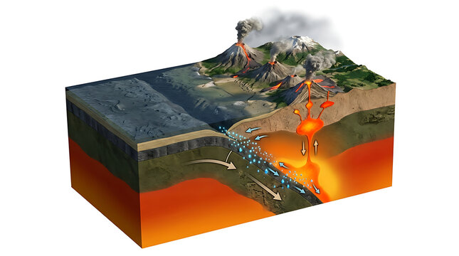 Geological cross section of subduction zone volcanic activity isolated on white