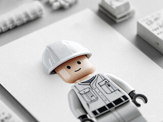 Obraz premium White Lego-style construction worker with helmet on blueprints, playful design, creative concept, graphic illustration.