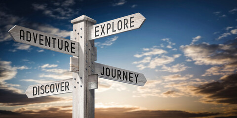 Explore, Adventure, Journey, Discover - wooden signpost with four arrows - 3D rendering © PX Media