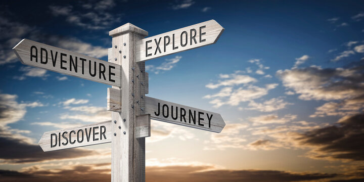 Explore, Adventure, Journey, Discover - wooden signpost with four arrows - 3D rendering