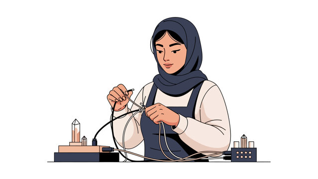 Muslim Woman Engineer in Hijab Working with Electronics and Cables Vector Illustration