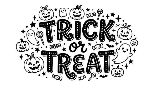 Halloween themed illustration with trick or treat text.