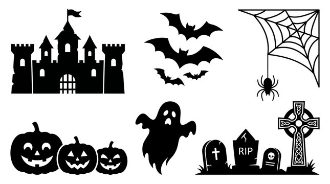 Halloween themed black silhouette icons set.